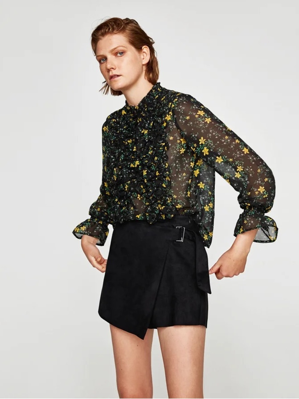 Zara frilly blouse floral cottagecore semi sheer ruffles XL black yellow flowers